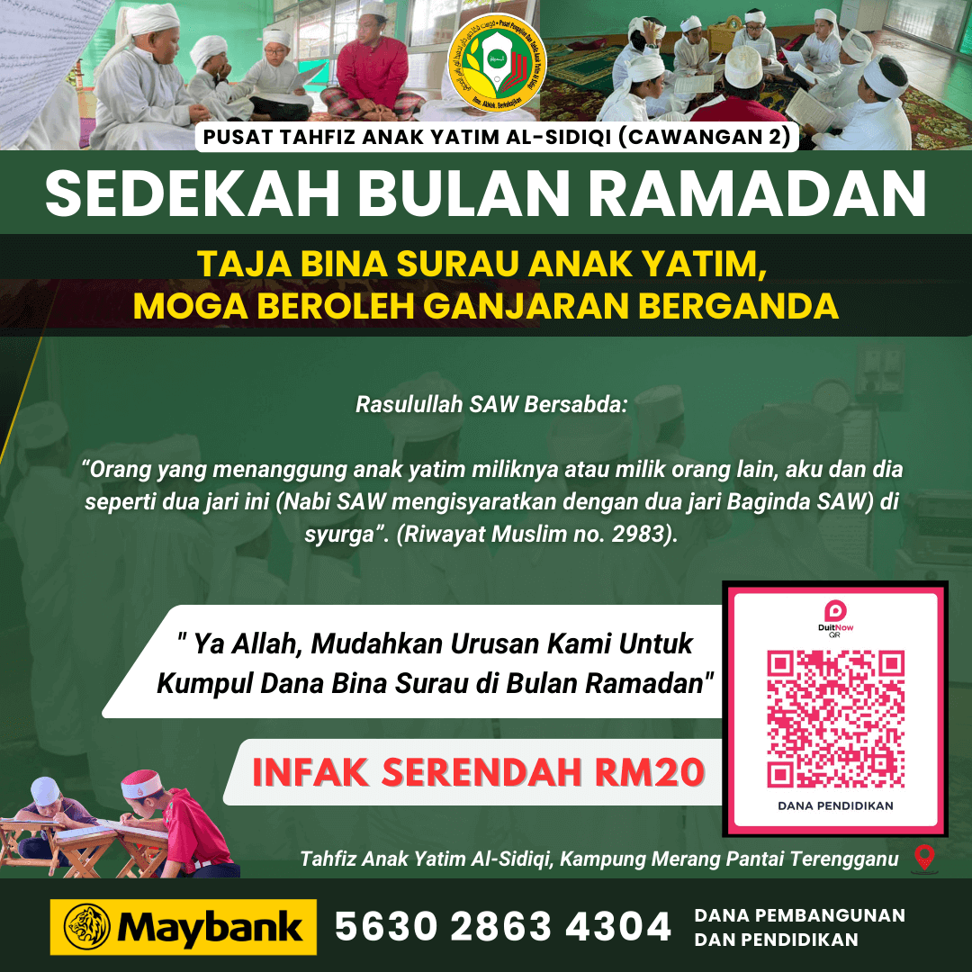 BANTU BINA SURAU SEGERA (BULAN ISLAM) Sebuah surau akan didirikan di atas tanah yang diwakafkan oleh seorang hamba Allah yang budiman kepada Pusat Tahfiz Anak Yatim Al-Sidiqi. Mari bersama bantu pembinaan surau ini.